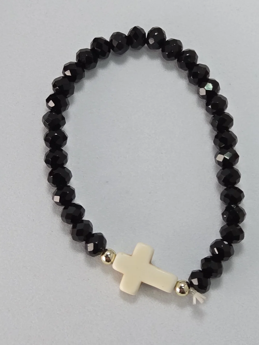 Black Beaded Cross Bracelet Stretch Faith Christian Stackable Minimalist NWT